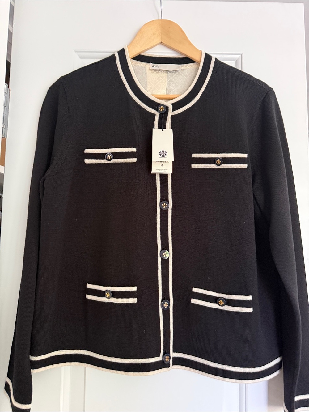 Tory Burch Black Kendra Cardigan with French Cream Trim.